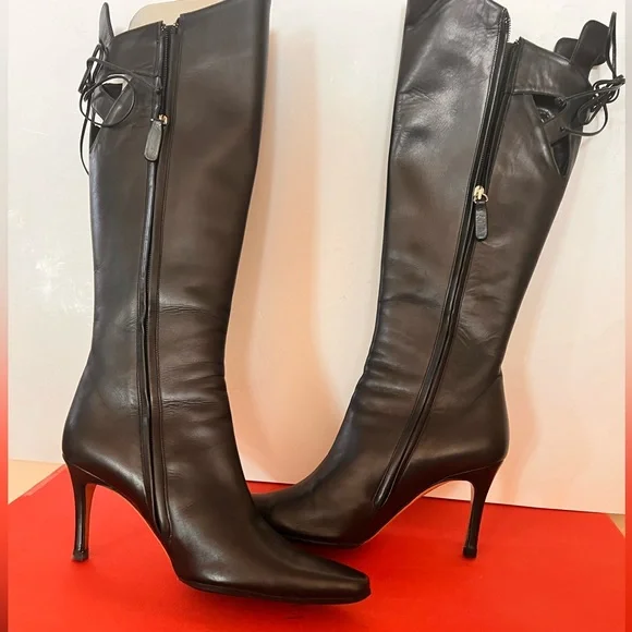 Valentino Gravani Leather Black Bow Italy tall Boots Italy Size 37.5 37 1/2 - Picture 7 of 13